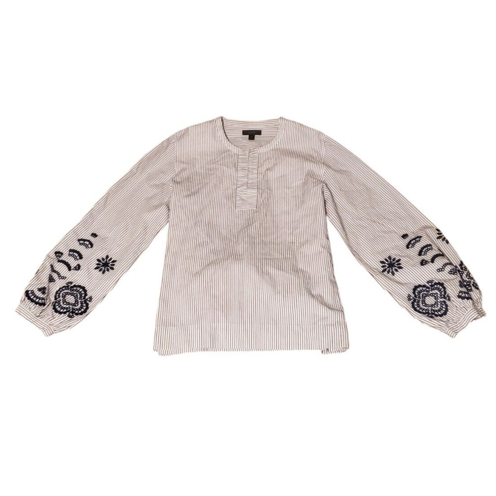 J Crew Embroidered Tunic Blouse Long Sleeve Hippie Boho Striped Tie Women Medium